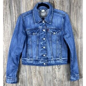 Levi's Women's Large Blue Denim Jean‎ Jacket Distressed Button Front
